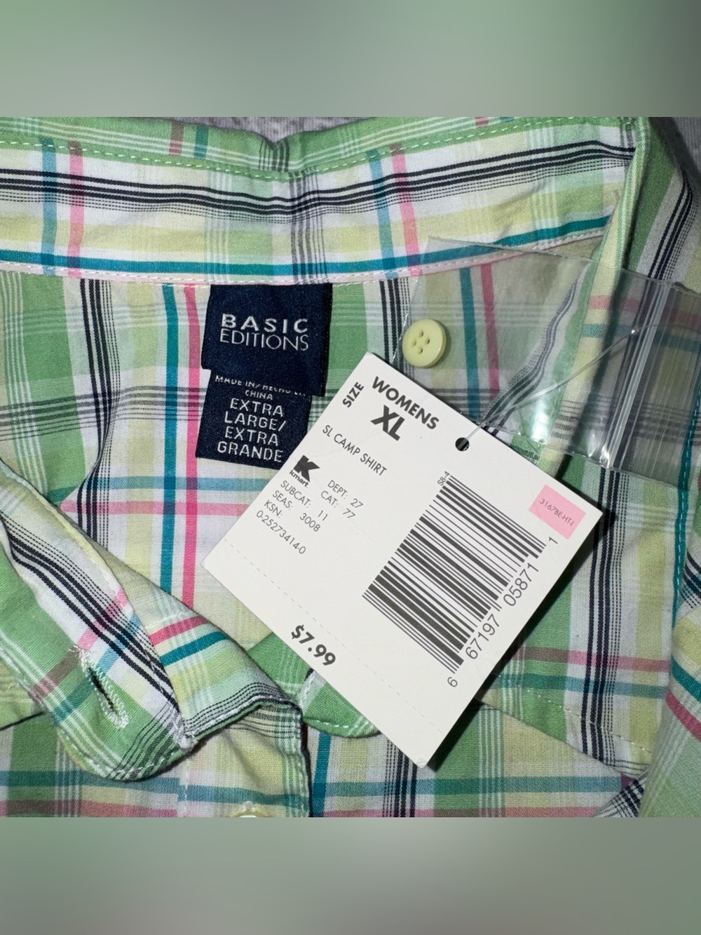 Basic Editions 00s Sleeveless Plaid Button-Front Top Light Green Plaid Size XL - Picture 3 of 9